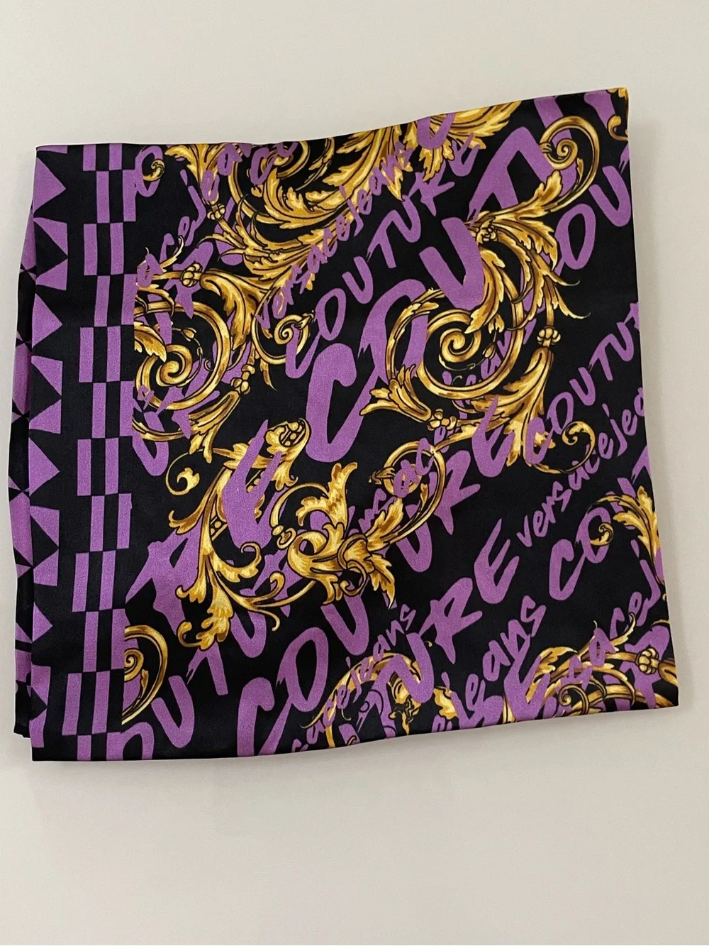 Versace Jeans Couture 100% Silk Square Scarf Purple Black Gold NWT